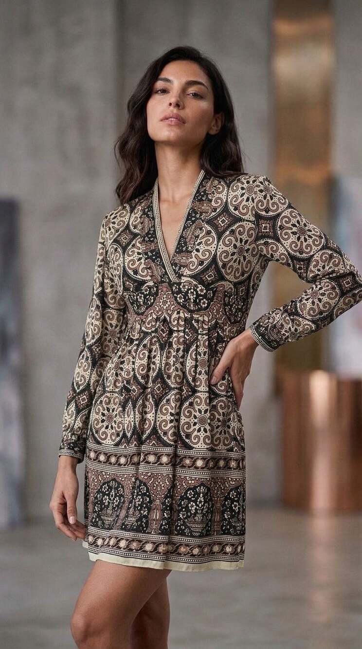 Vintage Boho V-Neck Long Sleeve Mini Dress Size M Brown Cotton